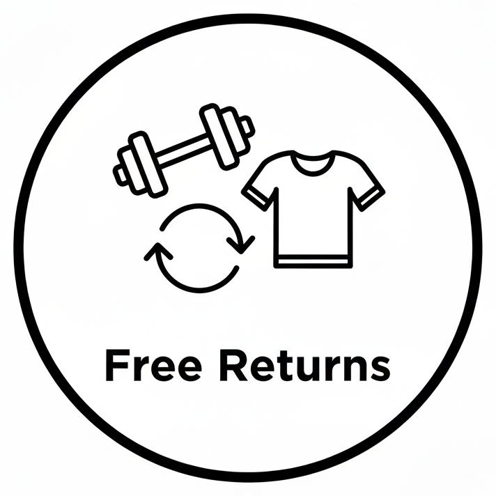 Icon with a shirt, dumbbell, and circular arrow with 'Free Returns' text inside a black circle on a white background.